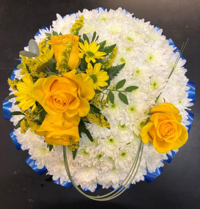 PSY1010 - White based posy style tribute, contrasting yellow rose spray, available in various sizes from £45.