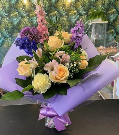 Cottage Garden - Apricot Rose - A selection of cottage garden blooms and foliage with Apricot Roses presented in gift box or bag.