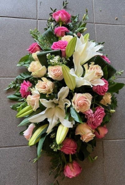 Rose and Lilly Double ended spray - A double ended spray of Mixed Roses and Lillies with seasonal foliage
